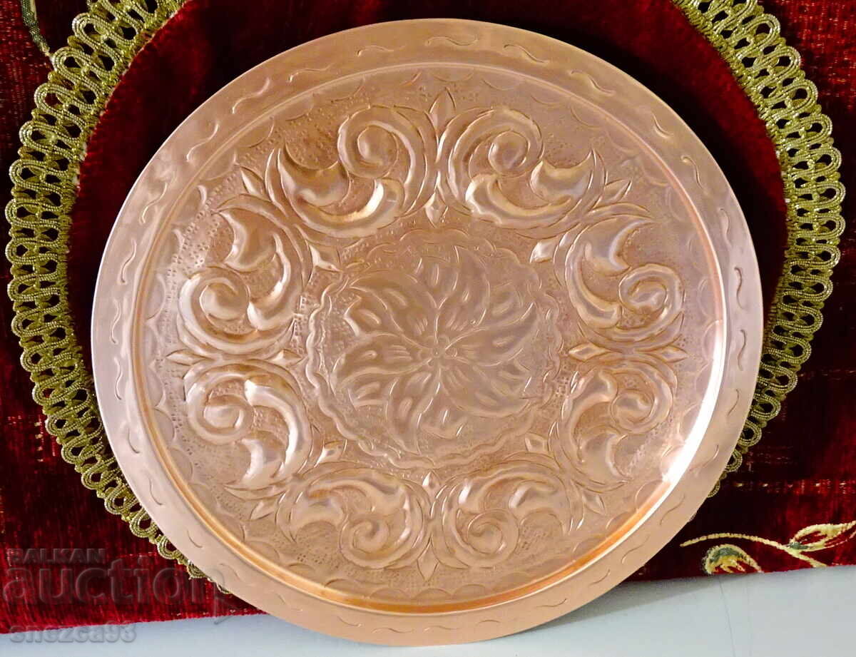 Copper tray, platter, embossed hammered pure red copper