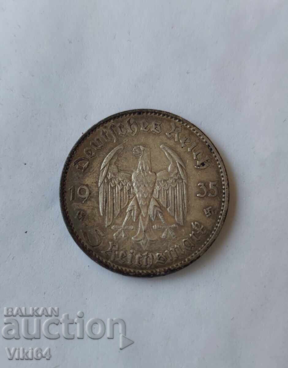 Сребърна Монета Германия 5 Марки 1935 г. F Свастика БЗЦ Сребърна Монета Германия 5 Марки 1935 г. F Свастика БЗЦ