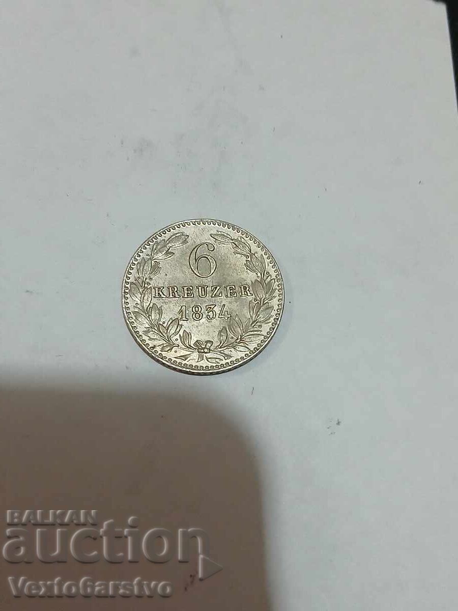 МОНЕТА-ГЕРМАНИЯ-6 кройцера. 1834г. - 5 МОНЕТА-ГЕРМАНИЯ-6 кройцера. 1834г. - 5