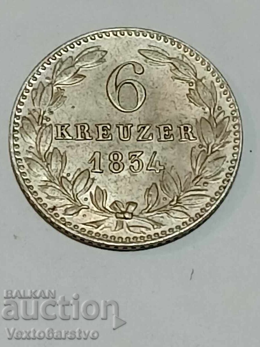 МОНЕТА-ГЕРМАНИЯ-6 кройцера. 1834г. МОНЕТА-ГЕРМАНИЯ-6 кройцера. 1834г.