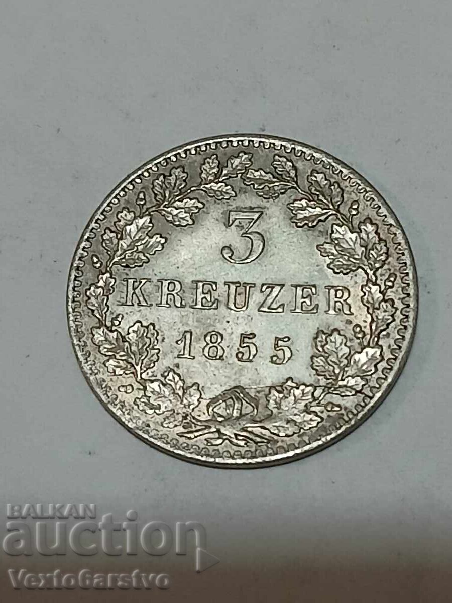 Аукцион МОНЕТА-ГЕРМАНИЯ-3 кройцера -Сребро-1855г. Аукцион МОНЕТА-ГЕРМАНИЯ-3 кройцера -Сребро-1855г.