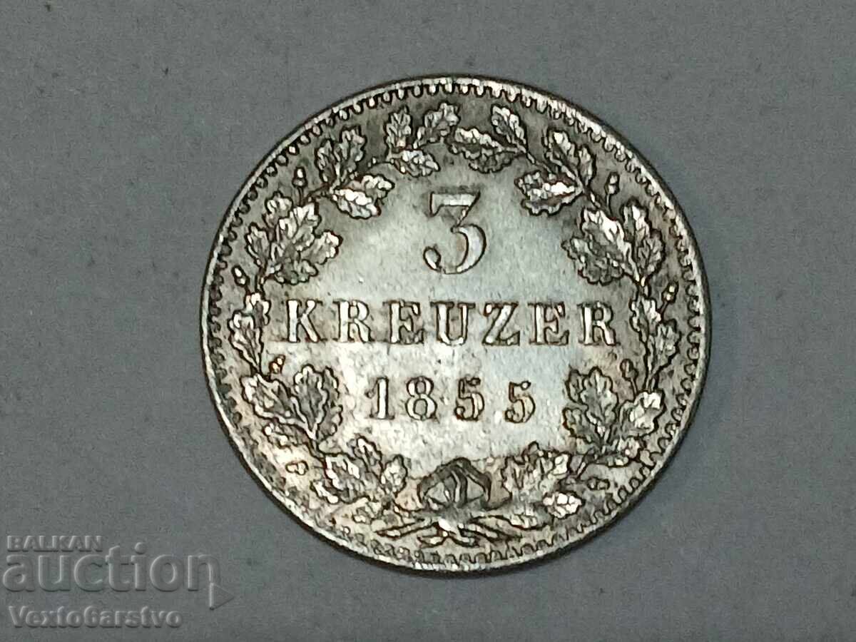 МОНЕТА-ГЕРМАНИЯ-3 кройцера -Сребро-1855г. МОНЕТА-ГЕРМАНИЯ-3 кройцера -Сребро-1855г.