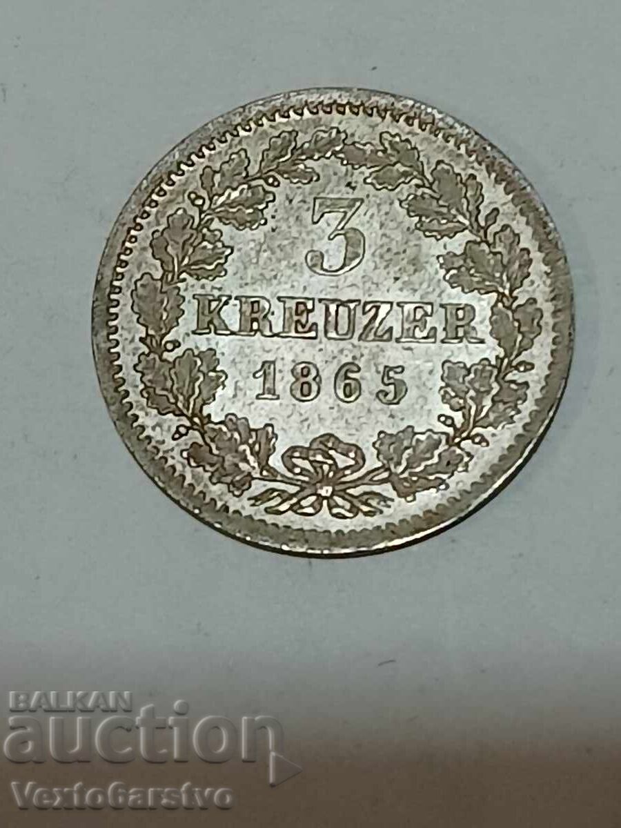 Аукцион МОНЕТА-ГЕРМАНИЯ-3 кройцера -Сребро-1865г. Аукцион МОНЕТА-ГЕРМАНИЯ-3 кройцера -Сребро-1865г.