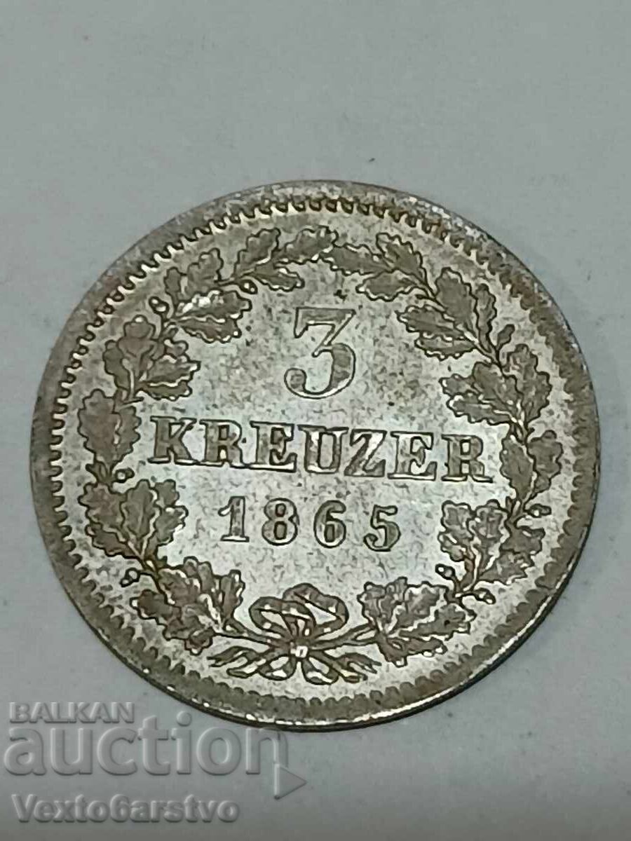 МОНЕТА-ГЕРМАНИЯ-3 кройцера -Сребро-1865г. МОНЕТА-ГЕРМАНИЯ-3 кройцера -Сребро-1865г.