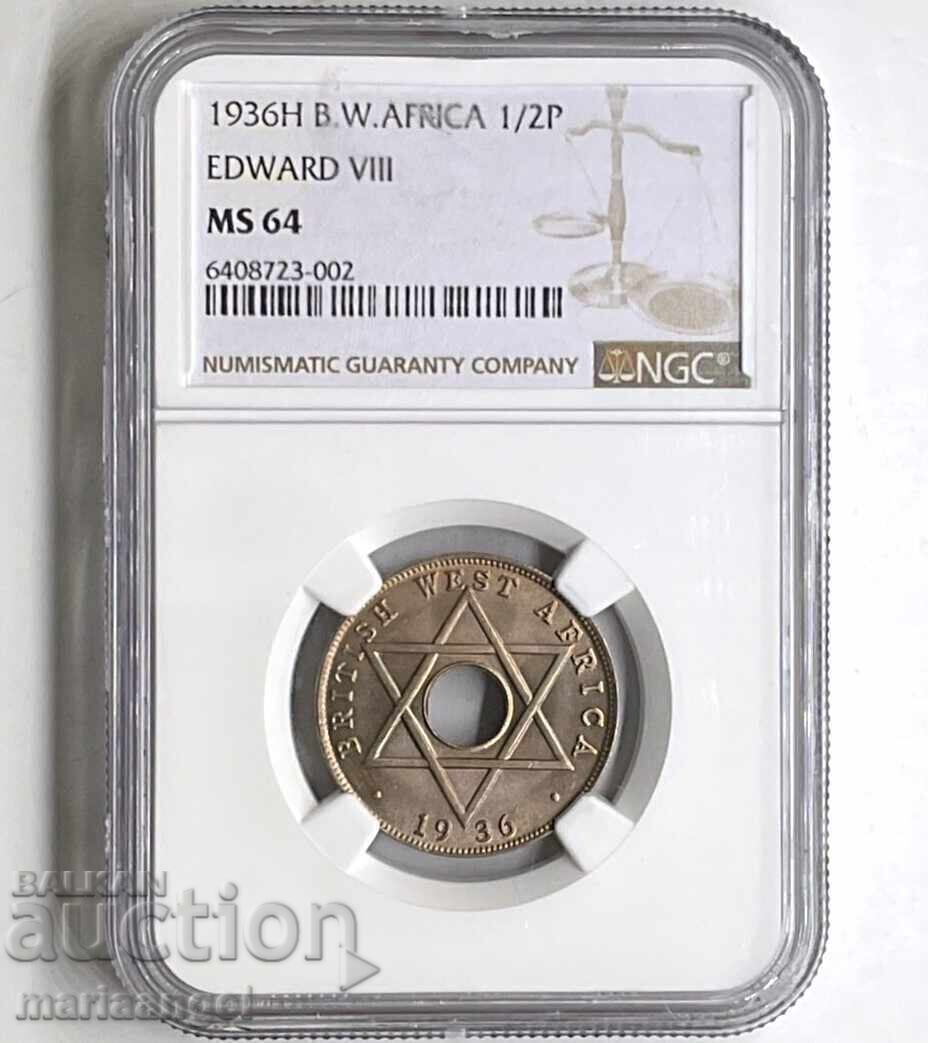 1/2 πένα 1936 Βρετανική Δυτική Αφρική NGC MS64 με τιμή € 47.60 | 93.10 BGN 1/2 πένα 1936 Βρετανική Δυτική Αφρική NGC MS64 με τιμή € 47.60 | 93.10 BGN