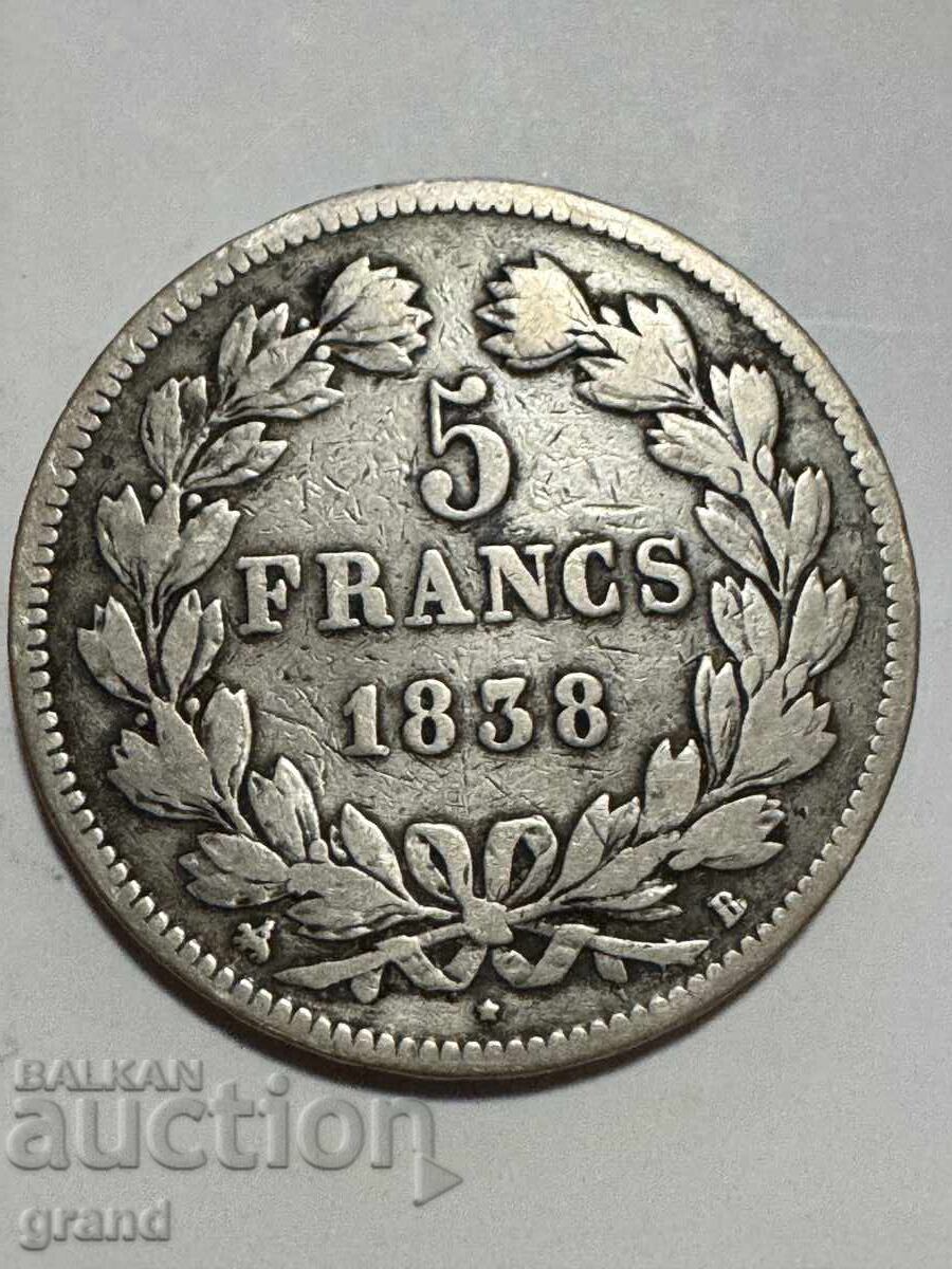 5 franci 1838, Franța argint cu preț € 45.00 | 88.01 BGN
