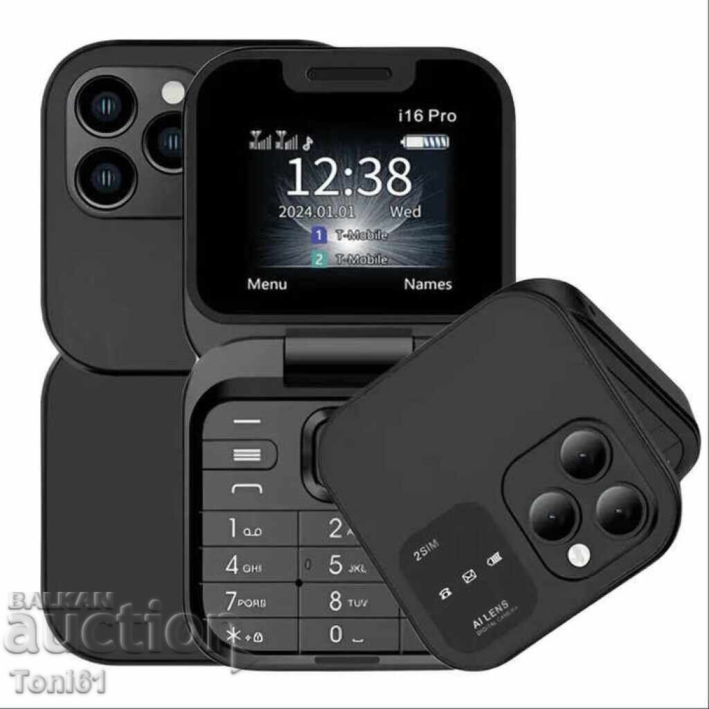 Сгъваем мобилен телефон i16 Pro – 2 SIM, камера, фенерче, FM