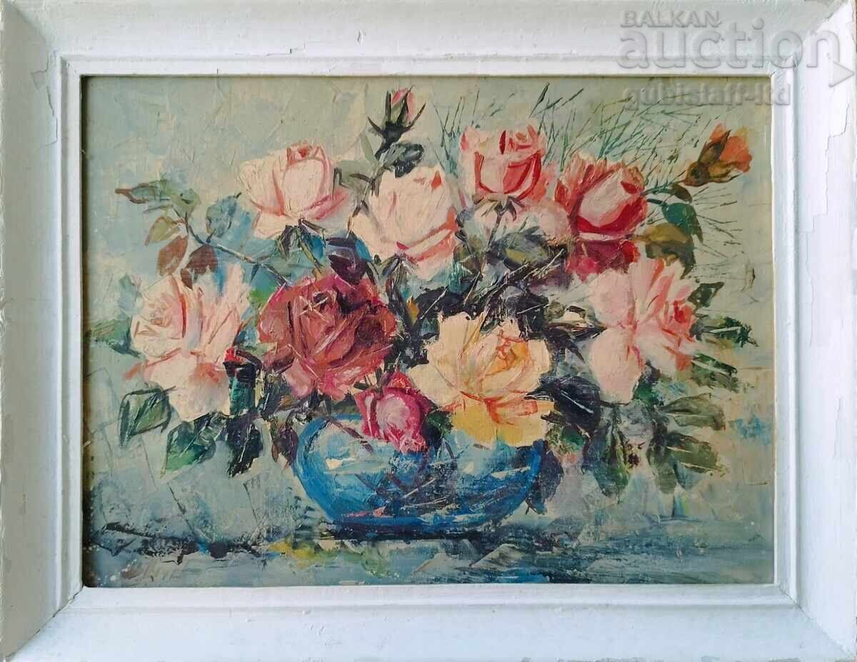 Painting, vase with flowers, artist Iv. Duchev, 1970s.