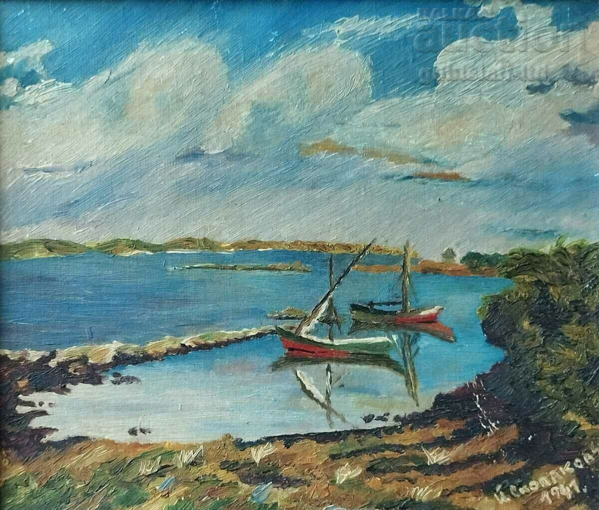 Картина, лодки, море, худ. Й. Сколаковъ, 1941 г. с цена € 430.00 | 841.01 лв.