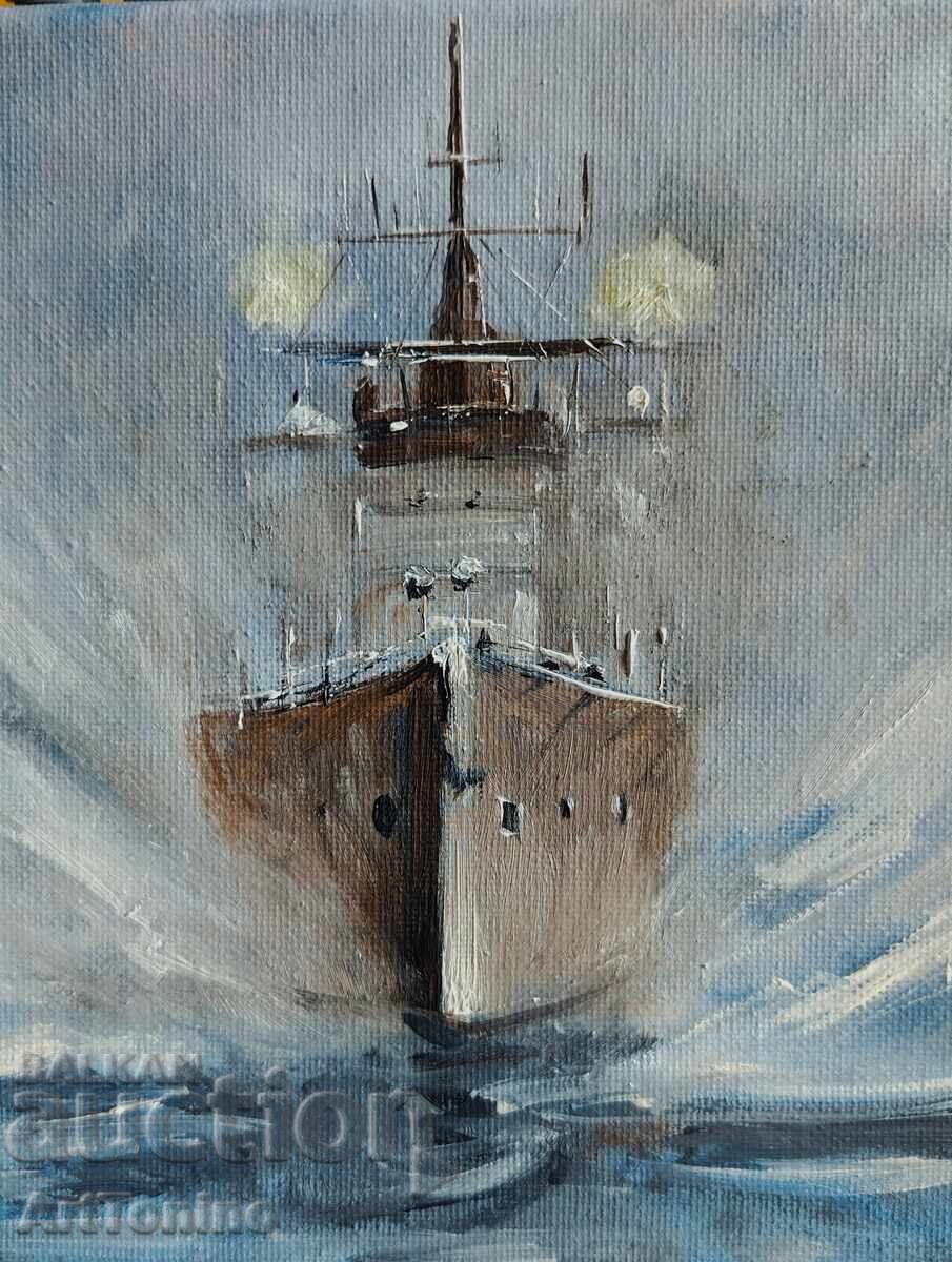 Auction  Oil painting-Seascape-Warship-Liner-A.Y