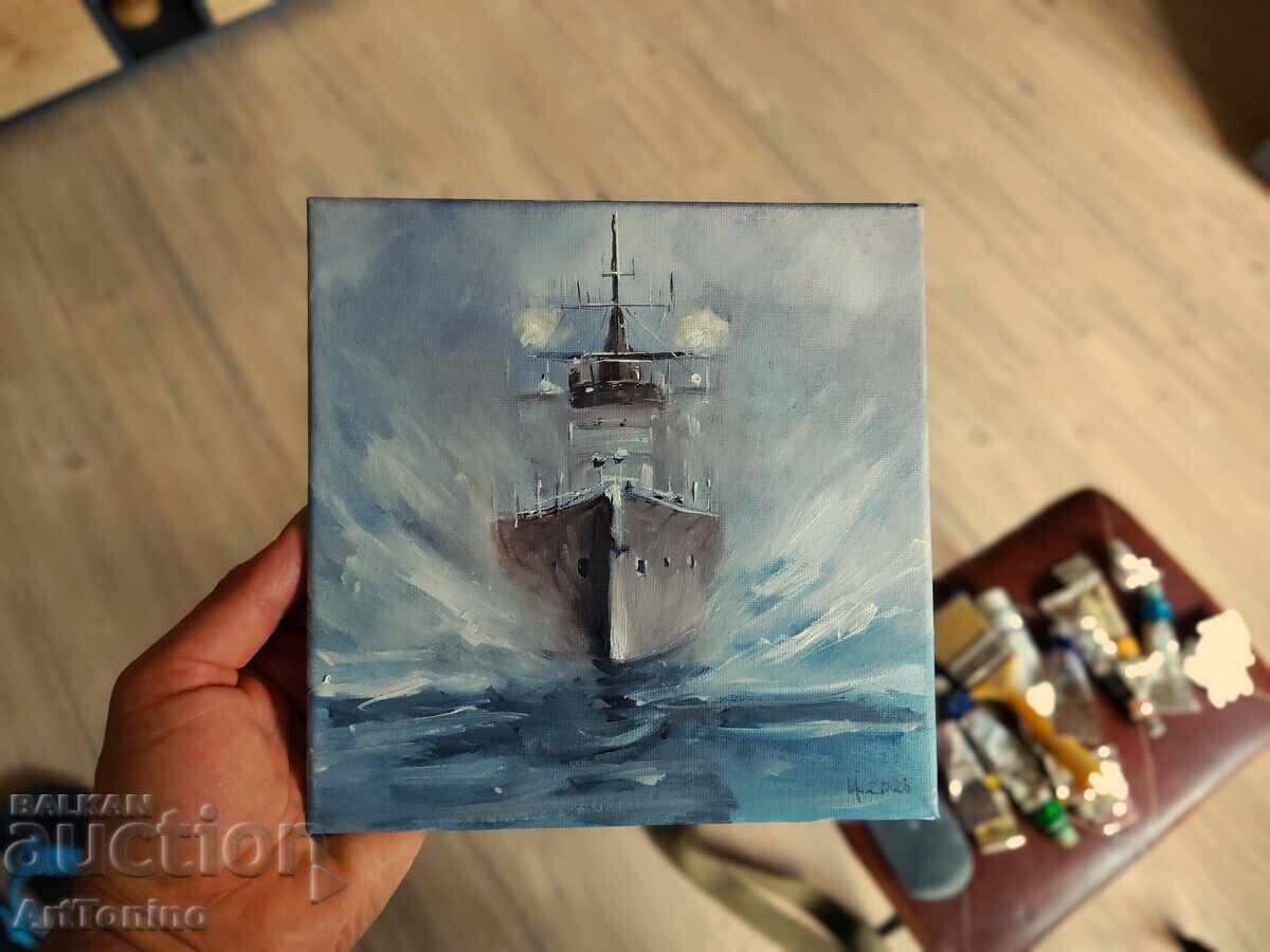 Oil painting-Seascape-Warship-Liner-A.Y - 5