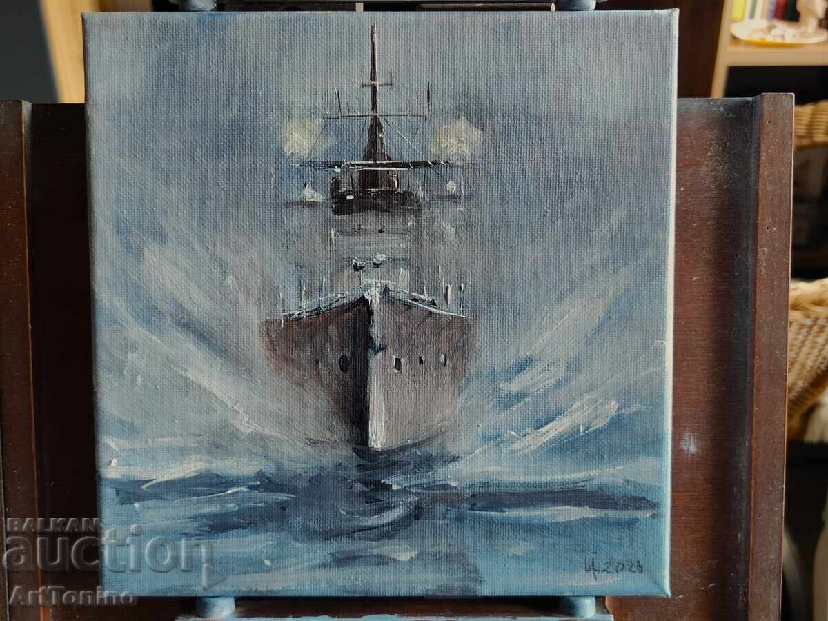 Oil painting-Seascape-Warship-Liner-A.Y