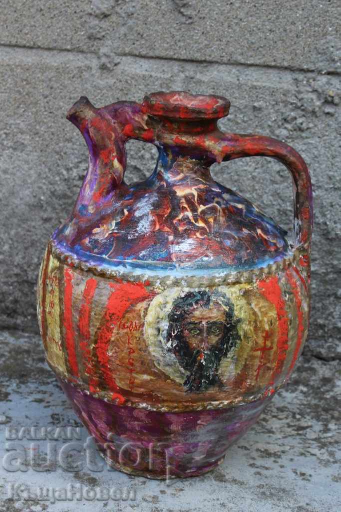 Доставка на СТАРА РЪЧНО РИСУВАНА ГОЛЯМА СТОМНА ДЕЛВА КРОНДИР ИКОНА ИСУС