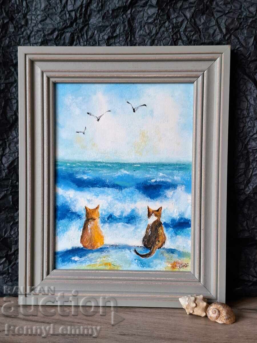Licitație Pisici de mare, tablou în pastel, original