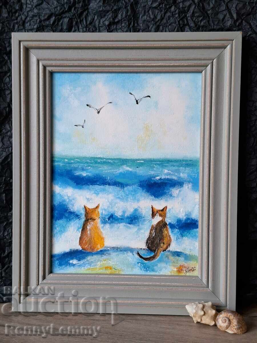 Pisici de mare, tablou în pastel, original