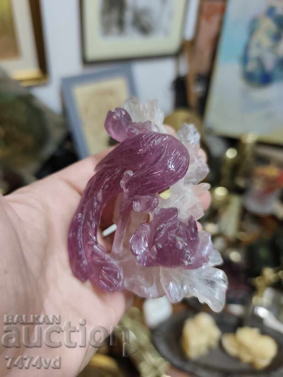 Licitație Figurină Phoenix sculptată manual din ametist și cristal Licitație Figurină Phoenix sculptată manual din ametist și cristal