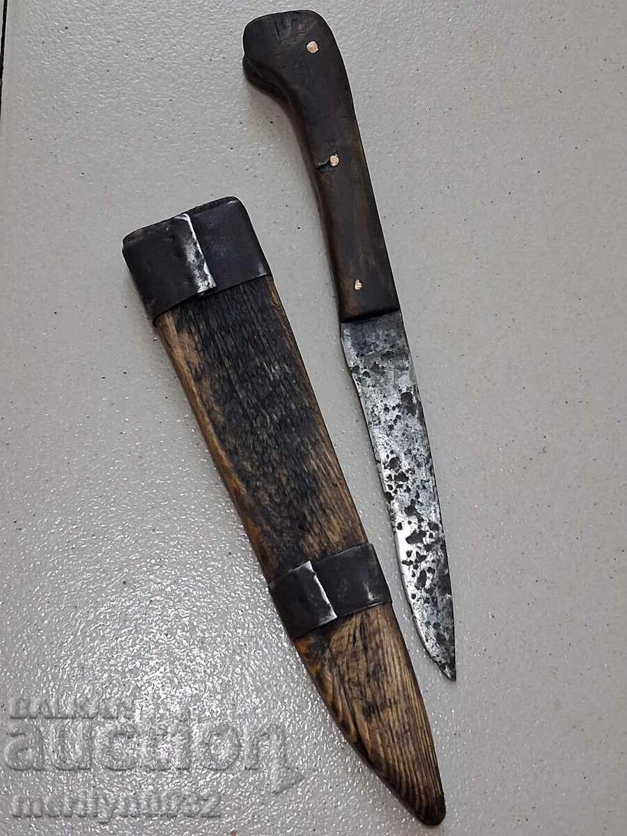 Cuțit ciobănesc vechi cu teacă, plăsele din corn, camă, caraculac - 5