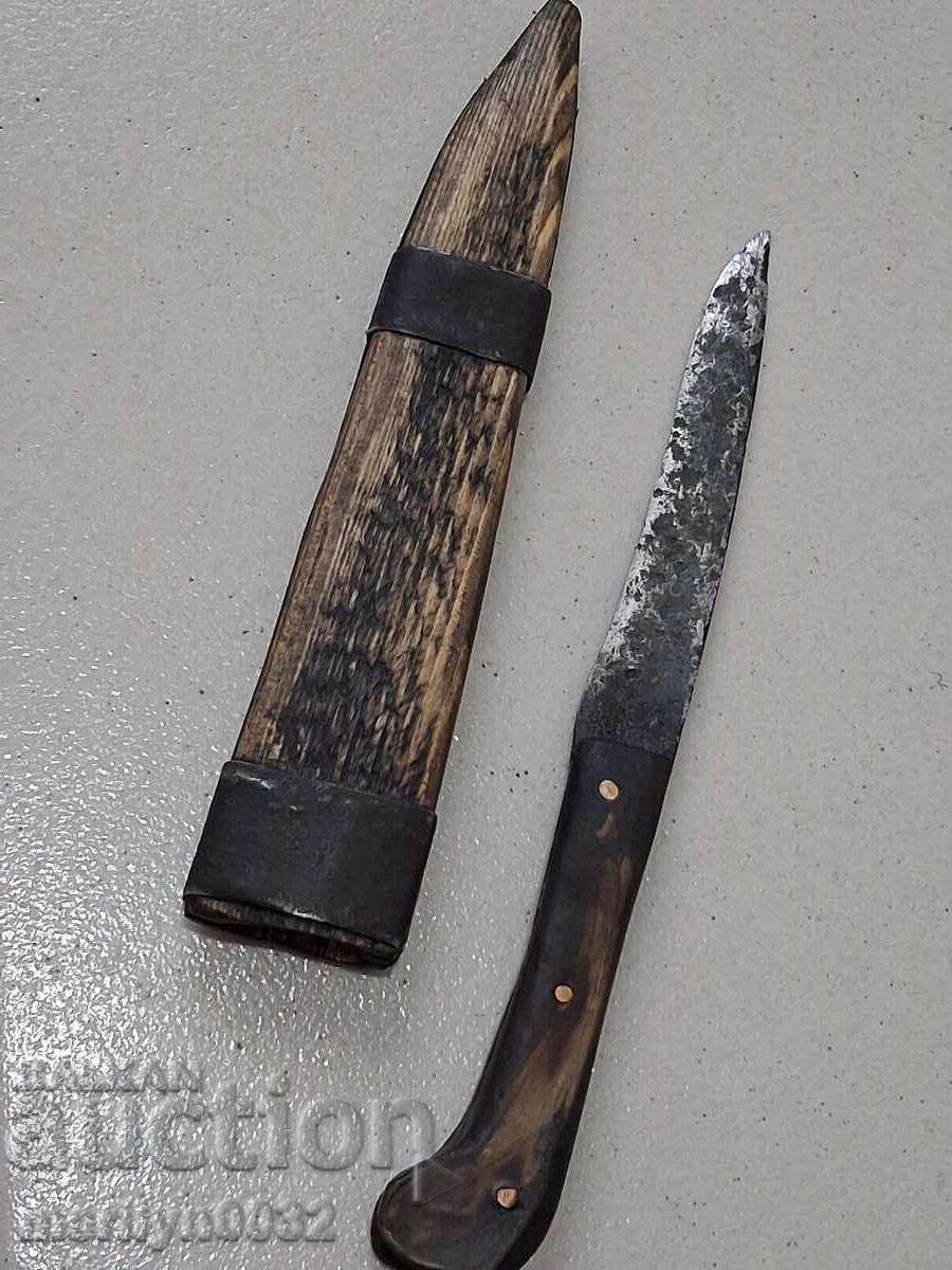 Cuțit ciobănesc vechi cu teacă, plăsele din corn, camă, caraculac - 6