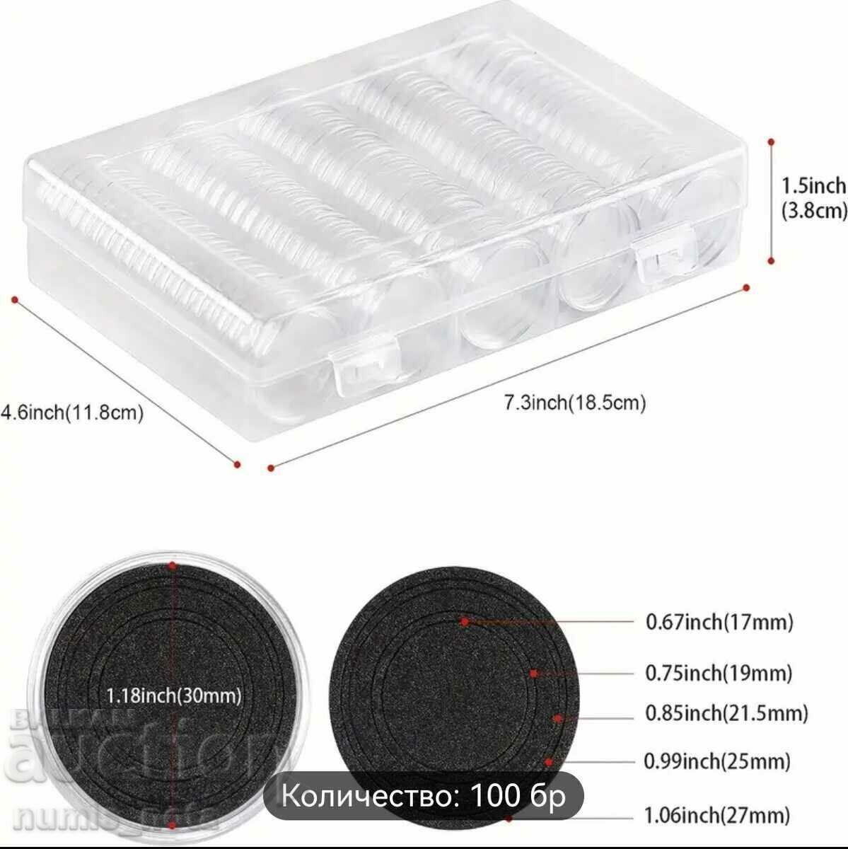 Livrarea Cutie cu 100 capsule monede - până la 30 mm cu regulator /c