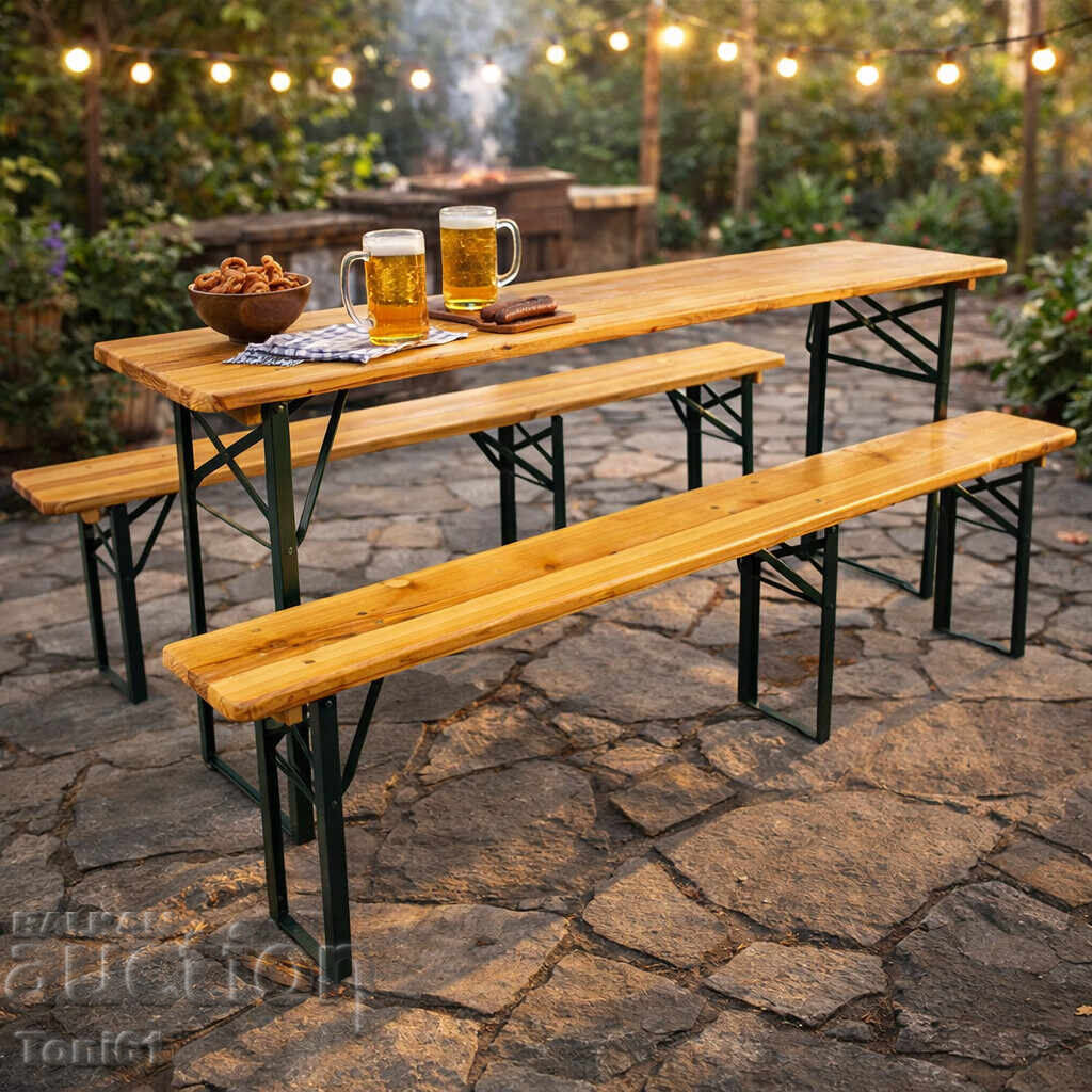 Set pliabil masă de grădină cu 2 bănci - Din lemn de brad cu preț € 100.00 | 195.58 BGN Set pliabil masă de grădină cu 2 bănci - Din lemn de brad cu preț € 100.00 | 195.58 BGN