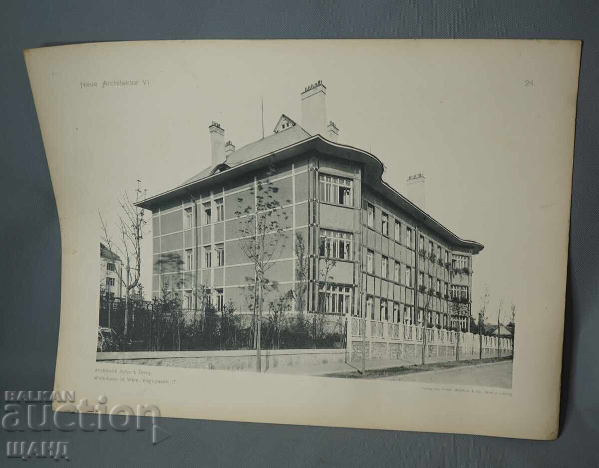 Litografie arhitecturală din Viena din 1900 a unei clădiri rezidențiale (casă)