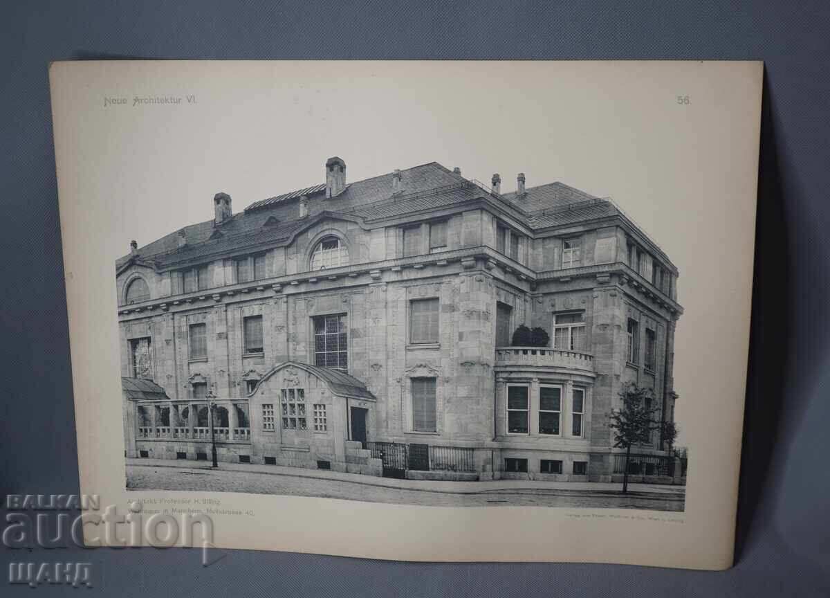 Litografie arhitecturală din Viena din 1900 a unei clădiri rezidențiale (casă)