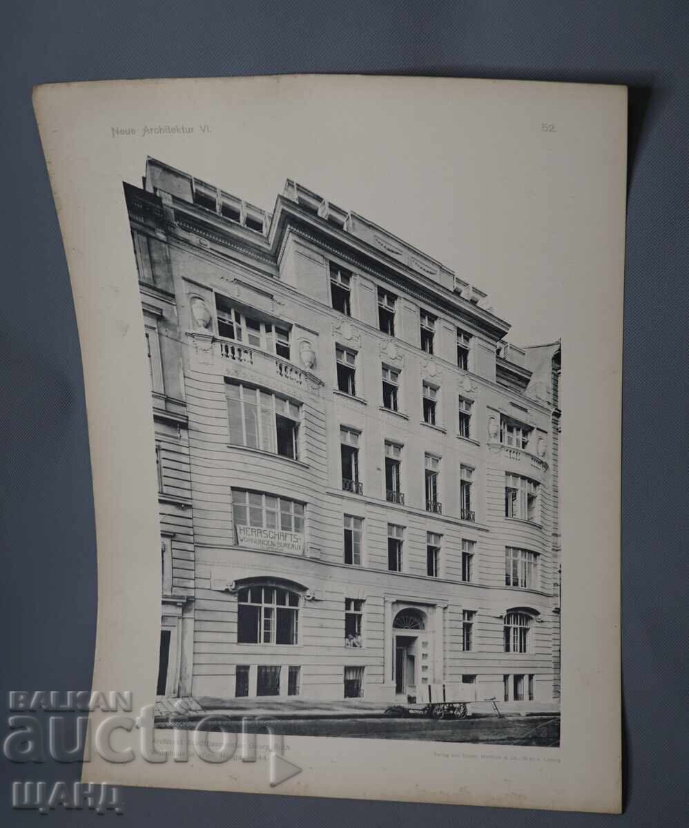 Litografie arhitecturală din Viena din 1900 a unei clădiri rezidențiale (casă)