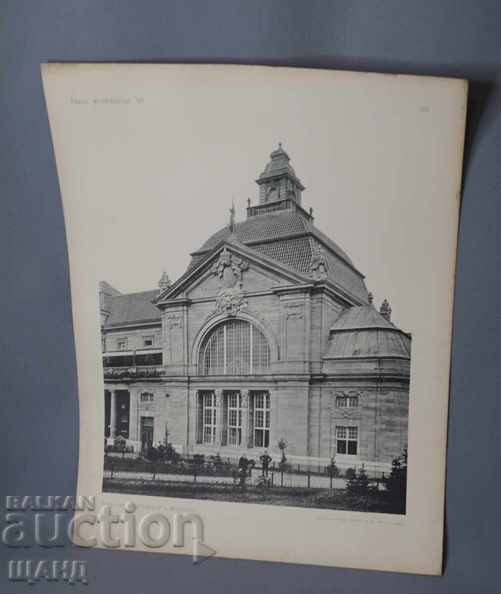 Litografie arhitecturală din Viena din 1900 a unei clădiri rezidențiale (casă)
