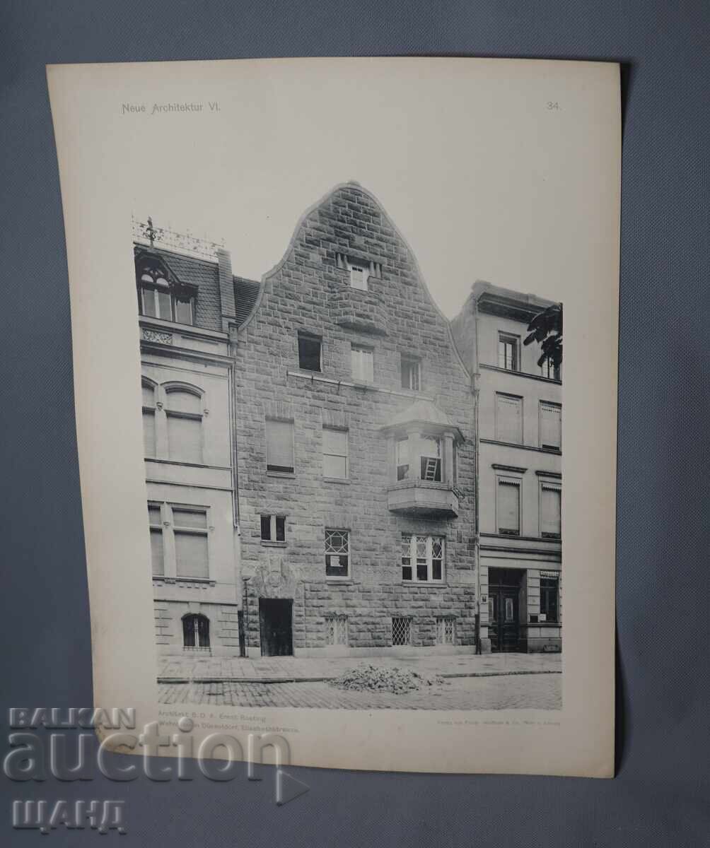 Litografie arhitecturală din Viena din 1900 a unei clădiri rezidențiale (casă)