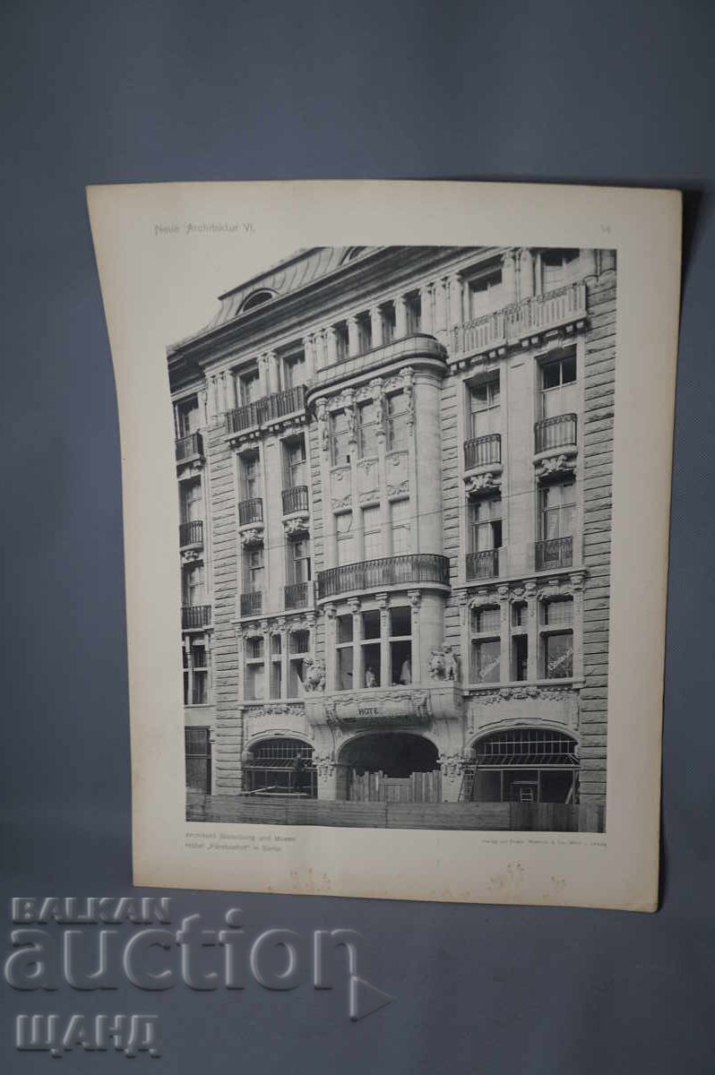 Litografie arhitecturală din Viena din 1900 a unei clădiri rezidențiale hotel