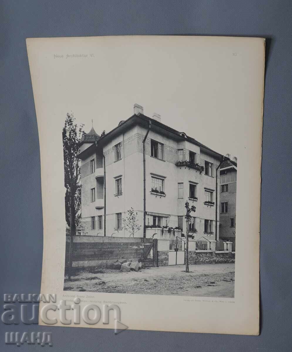 Litografie arhitecturală din Viena din 1900 a unei clădiri rezidențiale (casă)