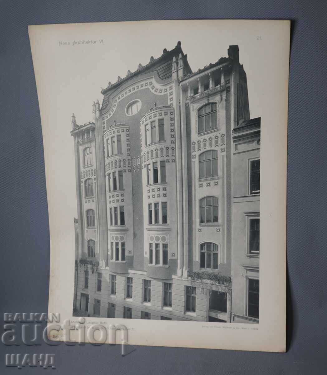 1900 Βιέννη αρχιτεκτονική λιθογραφία οικιστικού κτιρίου σπιτιού