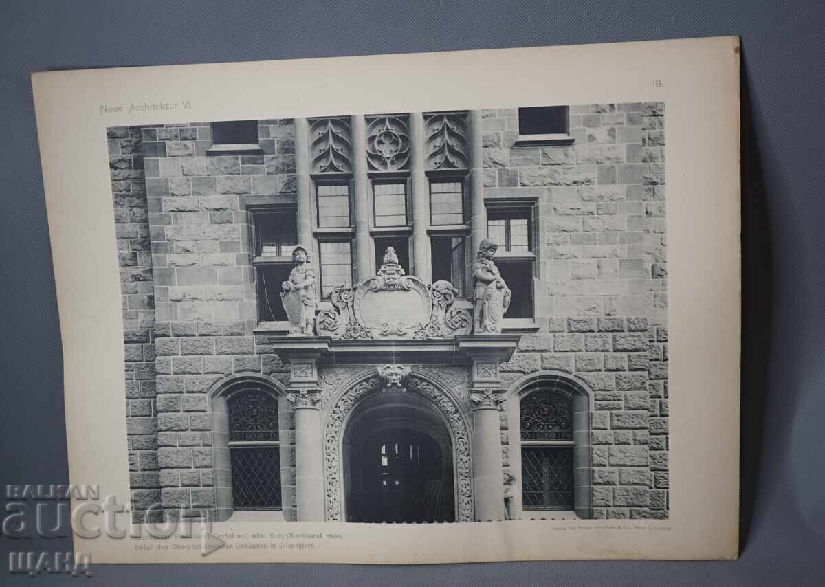 Litografie arhitecturală din Viena din 1900 a unei clădiri rezidențiale (casă)