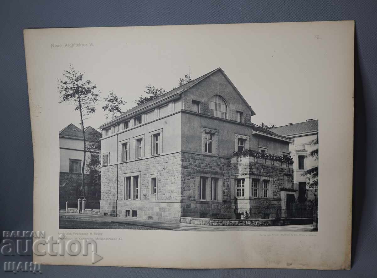 Litografie arhitecturală din Viena din 1900 a unei clădiri rezidențiale (casă)