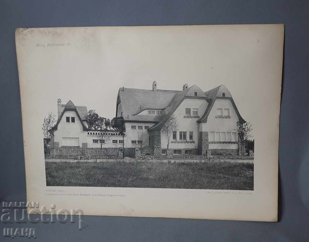 Litografie arhitecturală din Viena din 1900 a unei clădiri rezidențiale (casă)