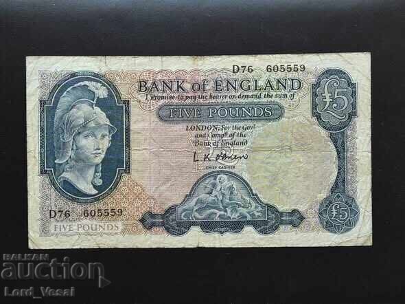 5 Pounds (Series B; Britannia with helmet, blue) ND (1957-1961)