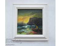 Tablou mic desen peisaj marin cu corabie semnat