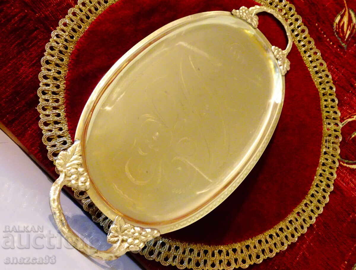 Bronze tray, platter, grapevine, 35 cm., gilding - 7