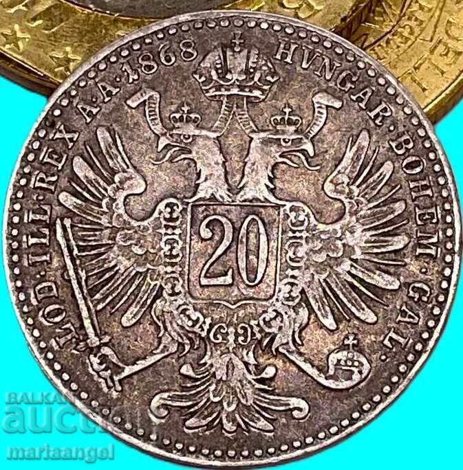 20 kreĭtseri 1868 Austria Franz Joseph argint - 7