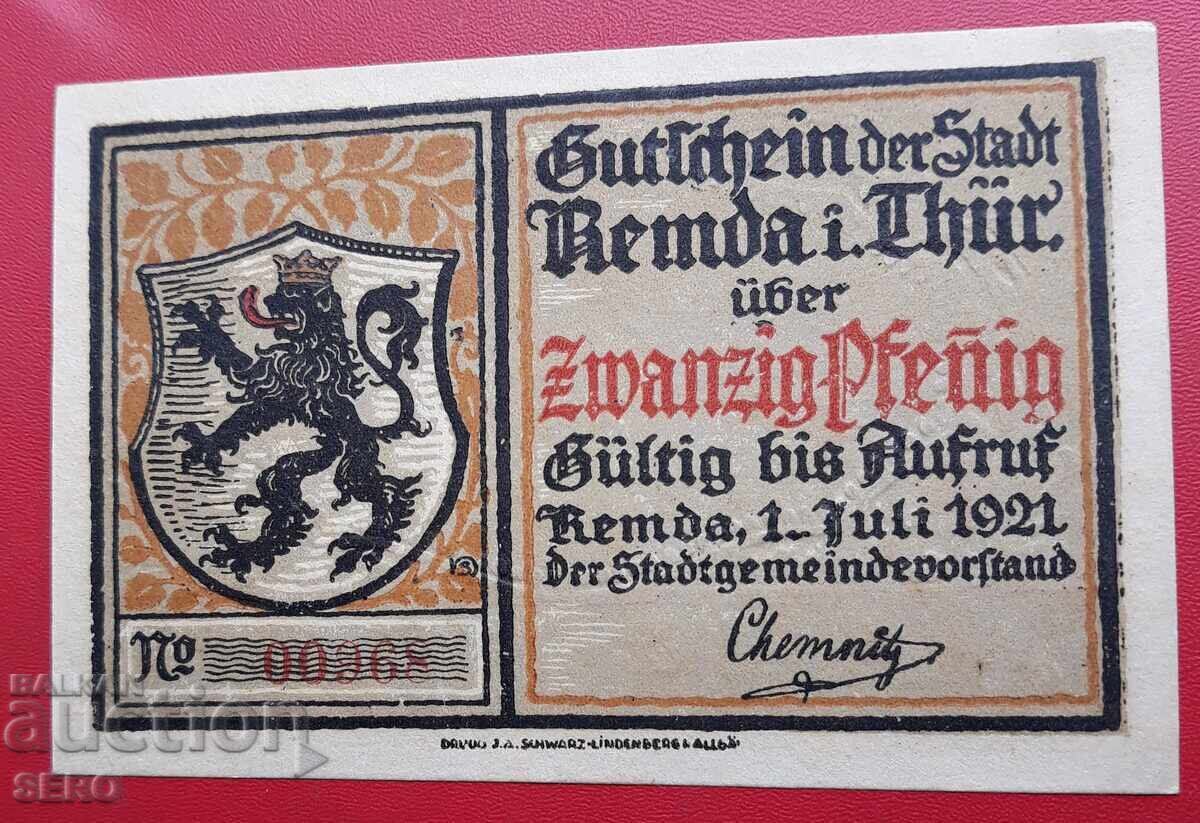 Банкнота-Германия-Тюрингия-Ремда-20 пфенига 1921 с цена € 1.00 | 1.96 лв.