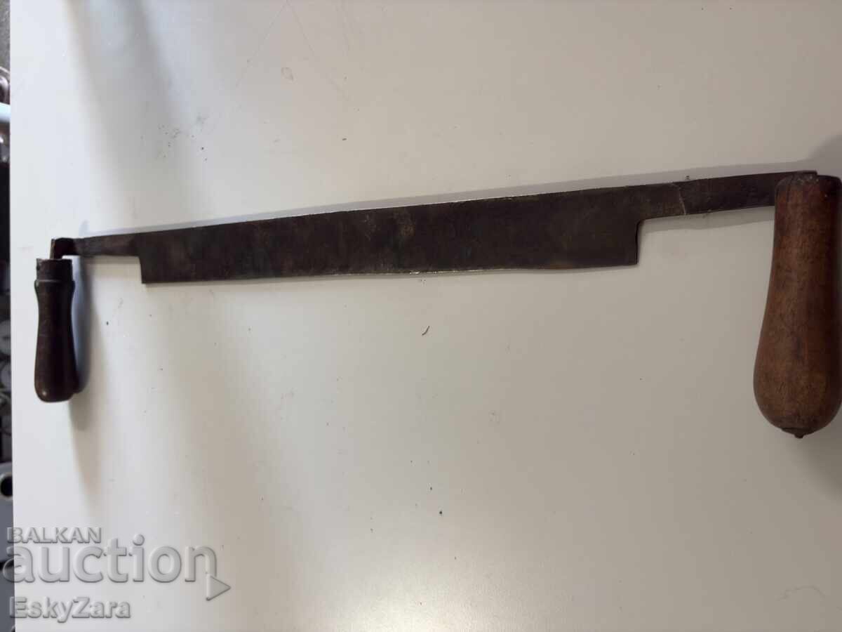 Rindea veche / cuțit cu două mânere pentru decojit bușteni cu marcaj