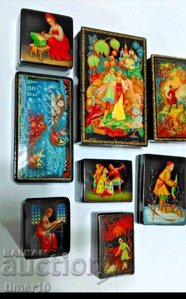 Russian 8 papier-mâché lacquer boxes for Palekh Fedoskino