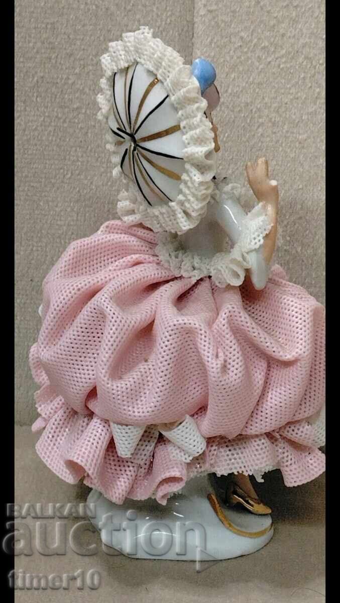 German porcelain lace figurine woman with umbrella Dresden - 5