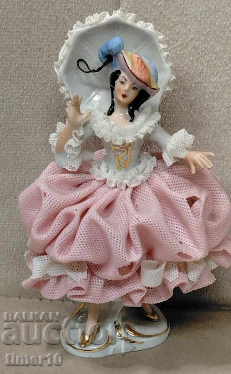 German porcelain lace figurine woman with umbrella Dresden - 6
