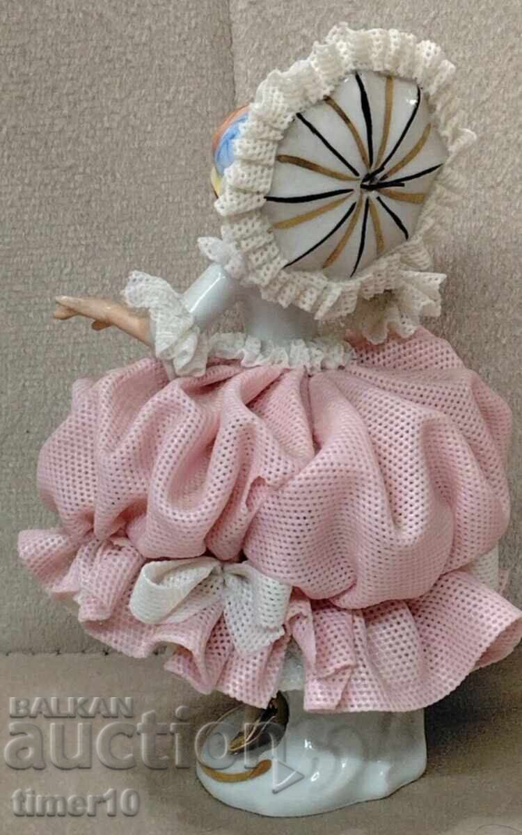 German porcelain lace figurine woman with umbrella Dresden - 7