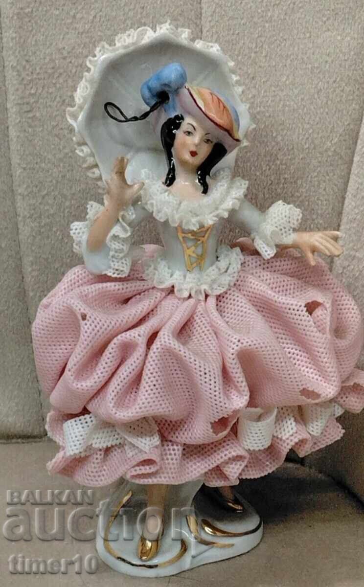 German porcelain lace figurine woman with umbrella Dresden