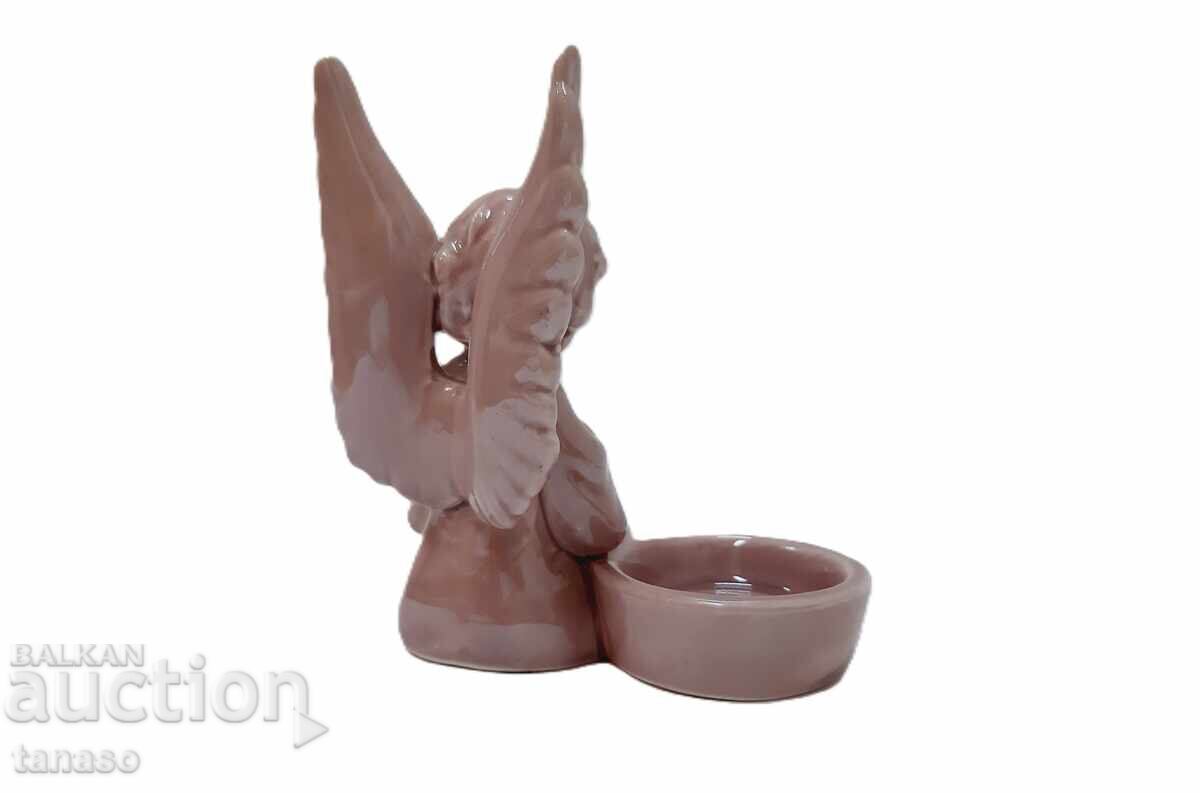 Livrarea Figurină ceramică înger cu bol, glazură roz