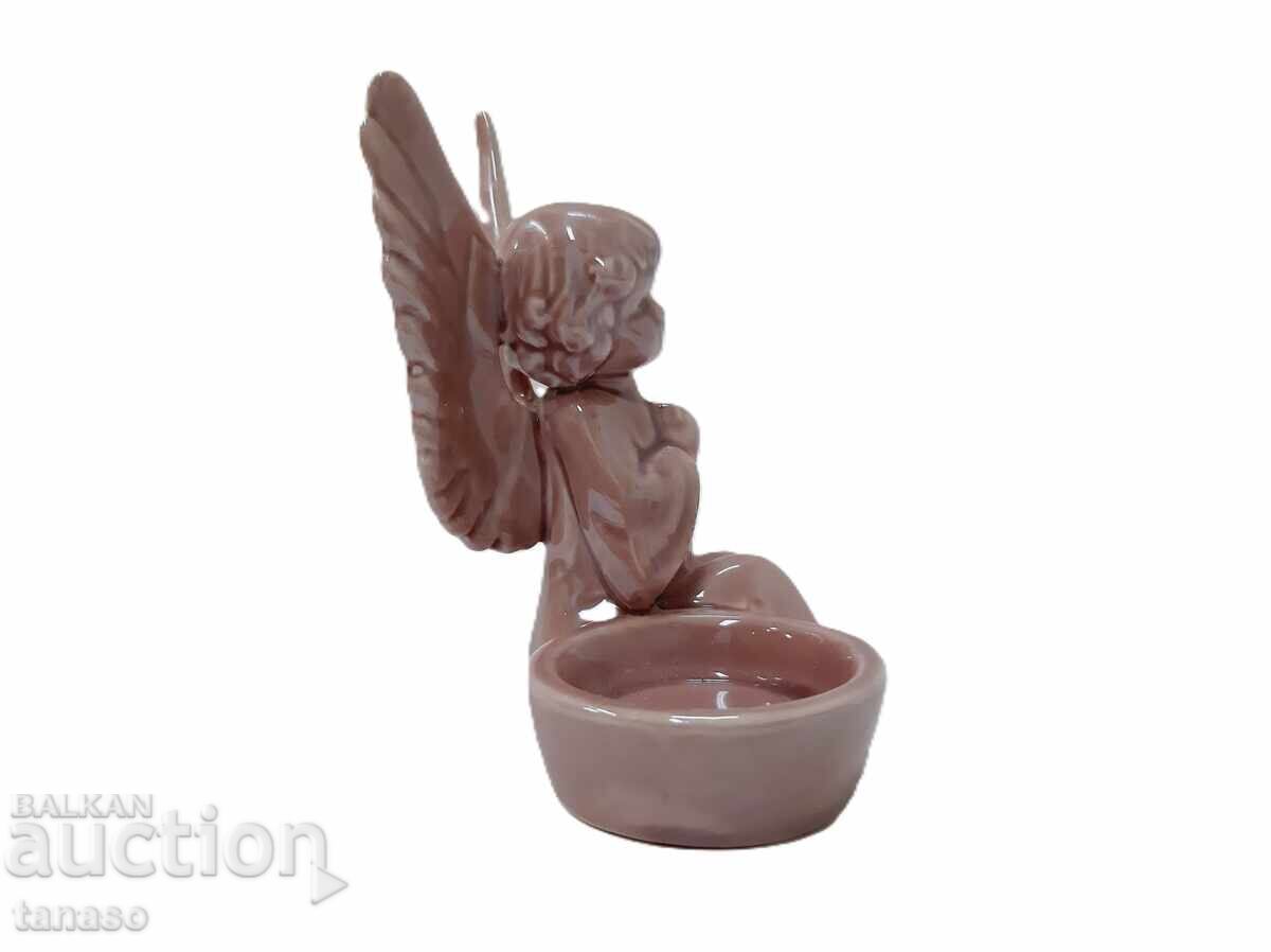 Figurină ceramică înger cu bol, glazură roz - 5