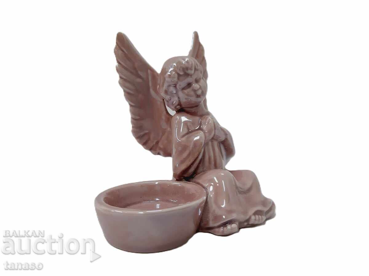 Figurină ceramică înger cu bol, glazură roz - 6