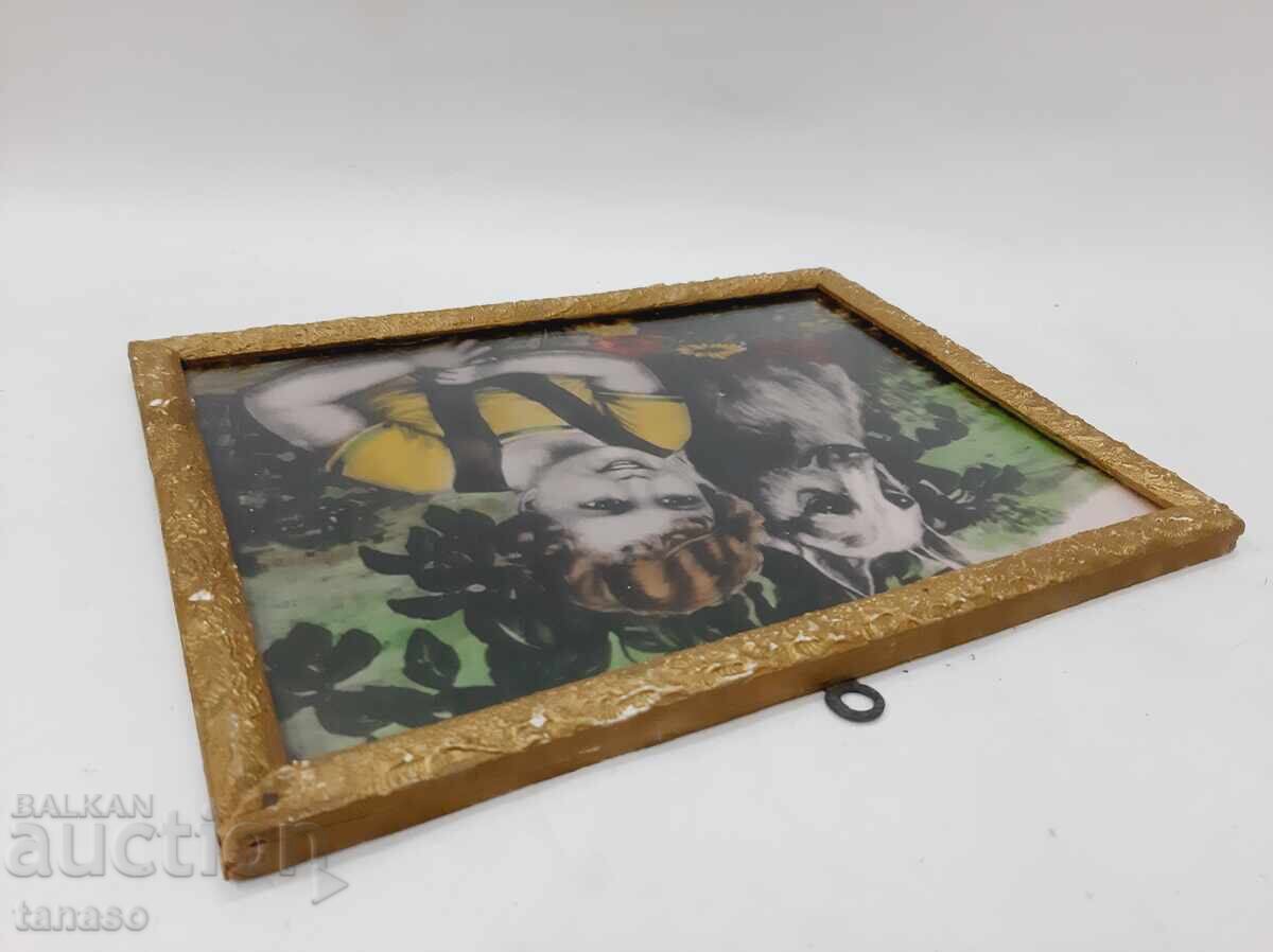Licitație Print de artă vintage, Copil și câine, ramă aurie, sub sticlă